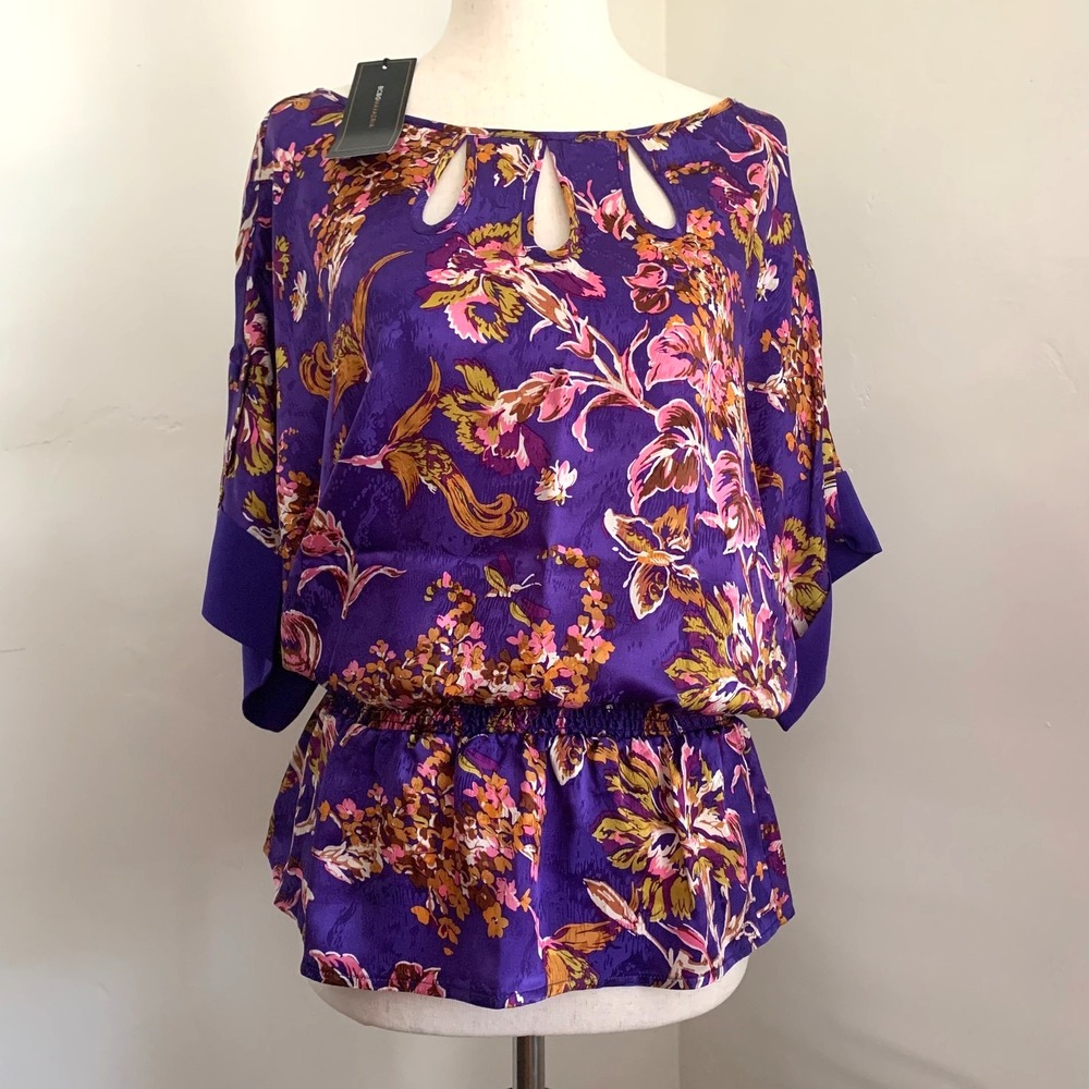 NWT BCBG Max Azria Silk Cut-Out Top Blouse‎ XXS XS 0 2 Purple Floral Birds $198
